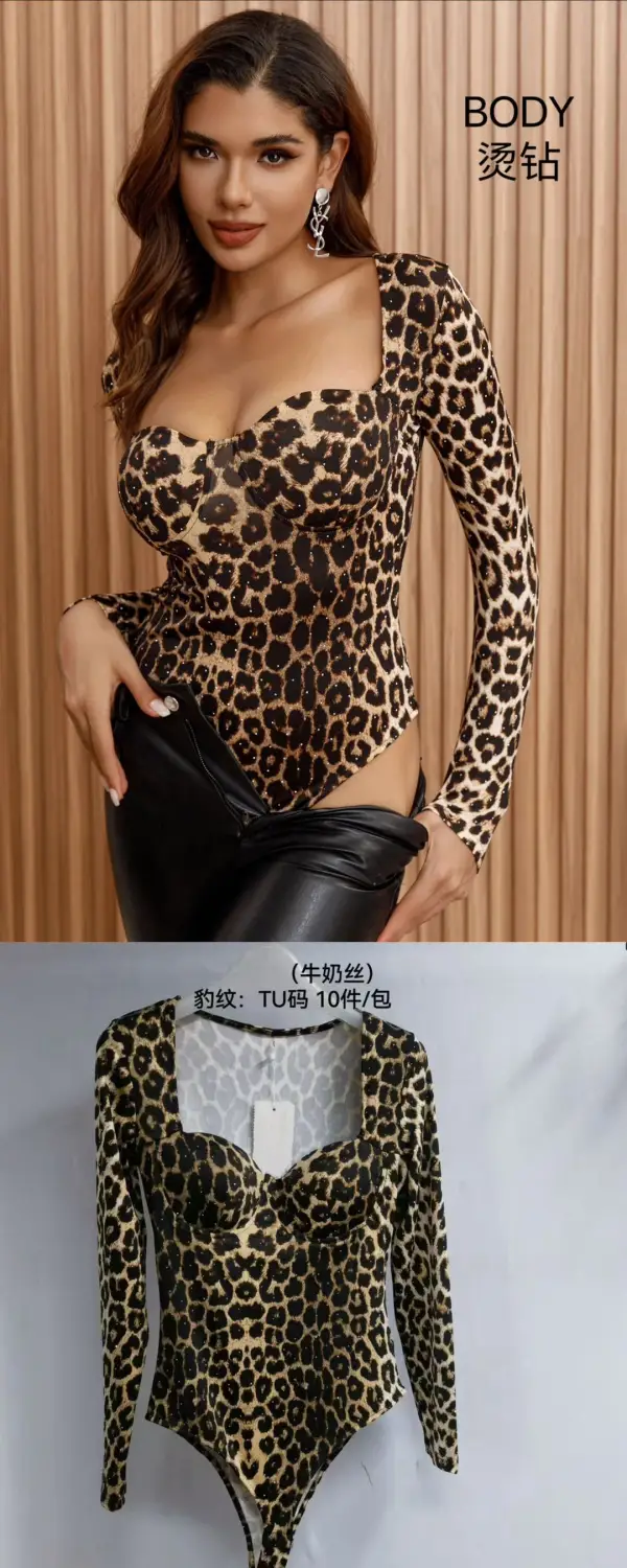 时尚弹力豹纹连体衣烫钻 | MUY LINDO
