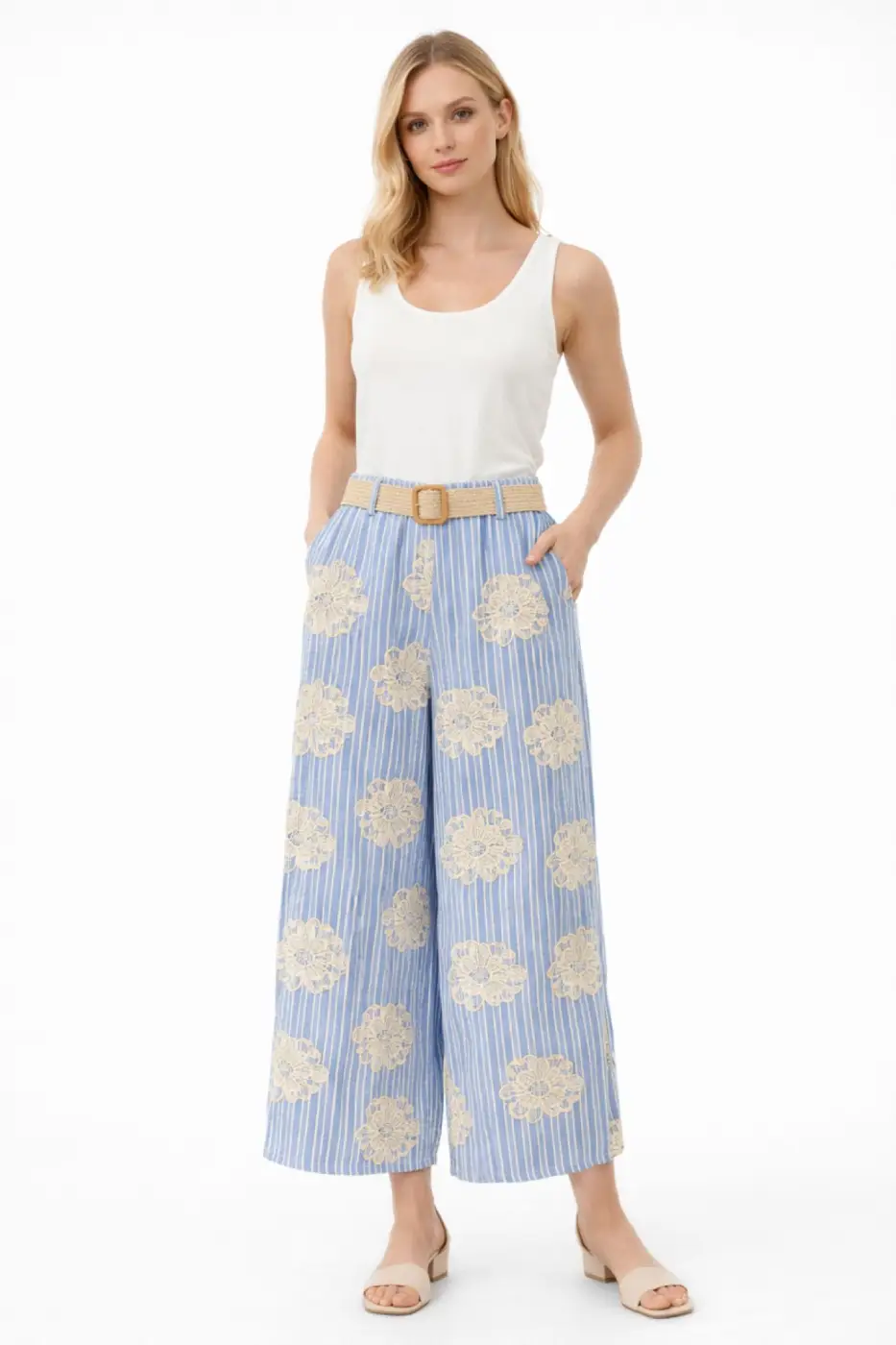 Pantalon large rayé en coton brodé avec ceinture | Vintage Mode