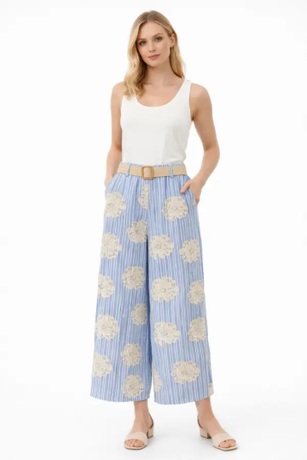 Pantalon large rayé en coton brodé avec ceinture | Vintage Mode