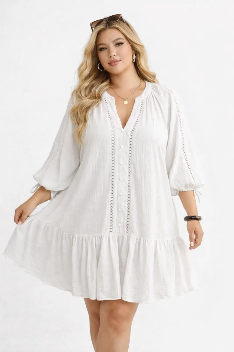Robe ample en coton texturé – manches 3/4 | Vintage Mode