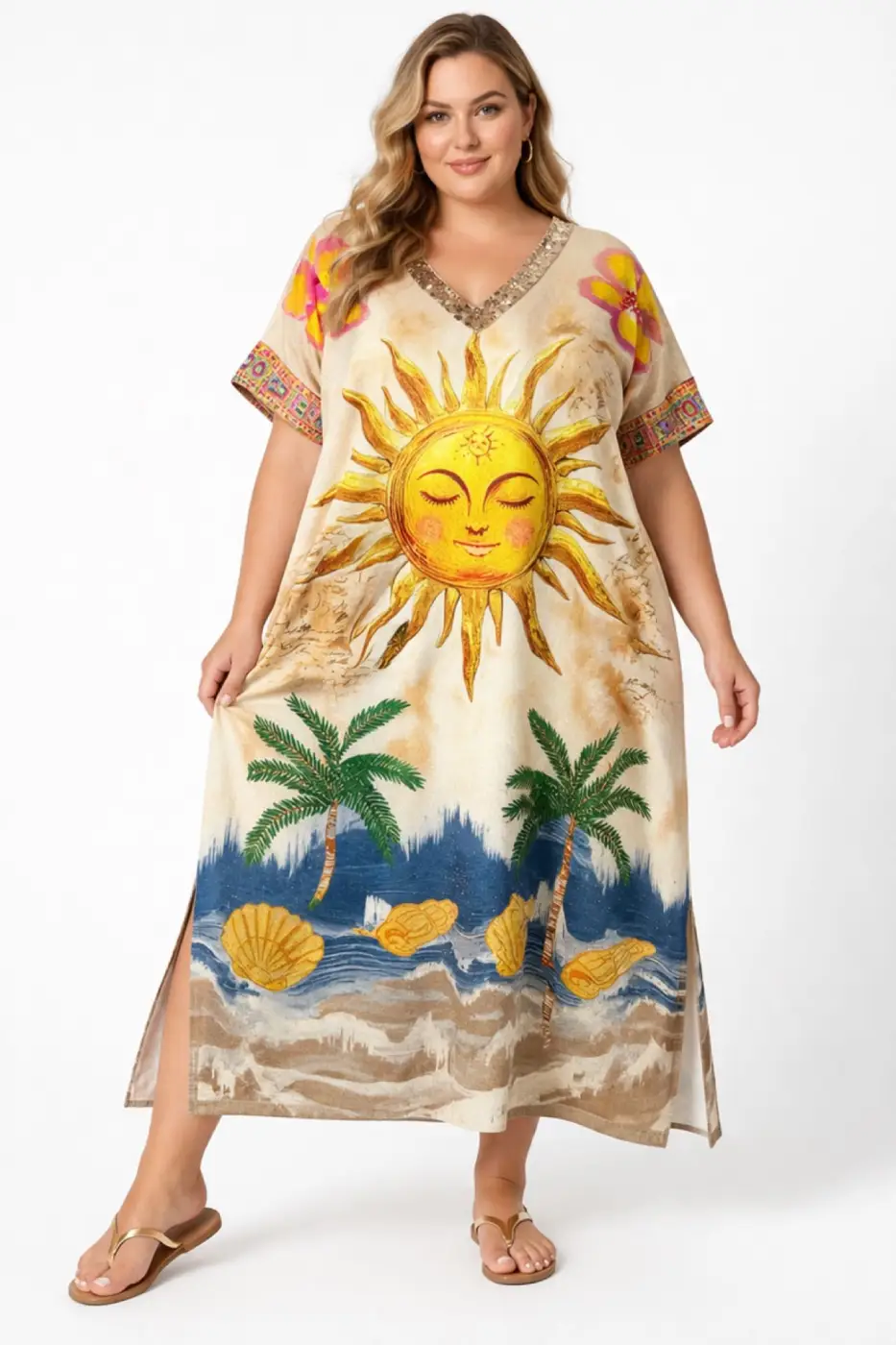 Robe longue imprimée soleil – coupe fluide | Vintage Mode