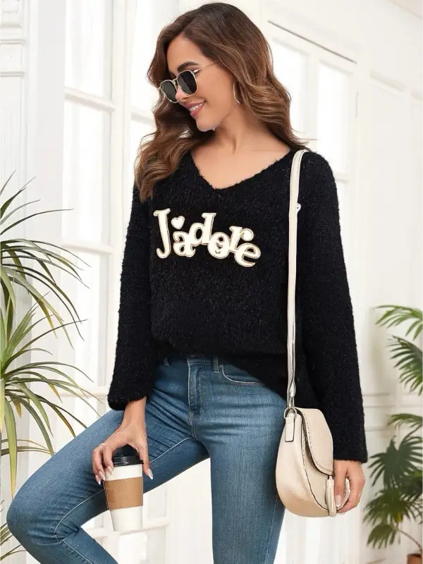 Pull Col V teddy avec Imprimer J’adore  | Vintage Mode