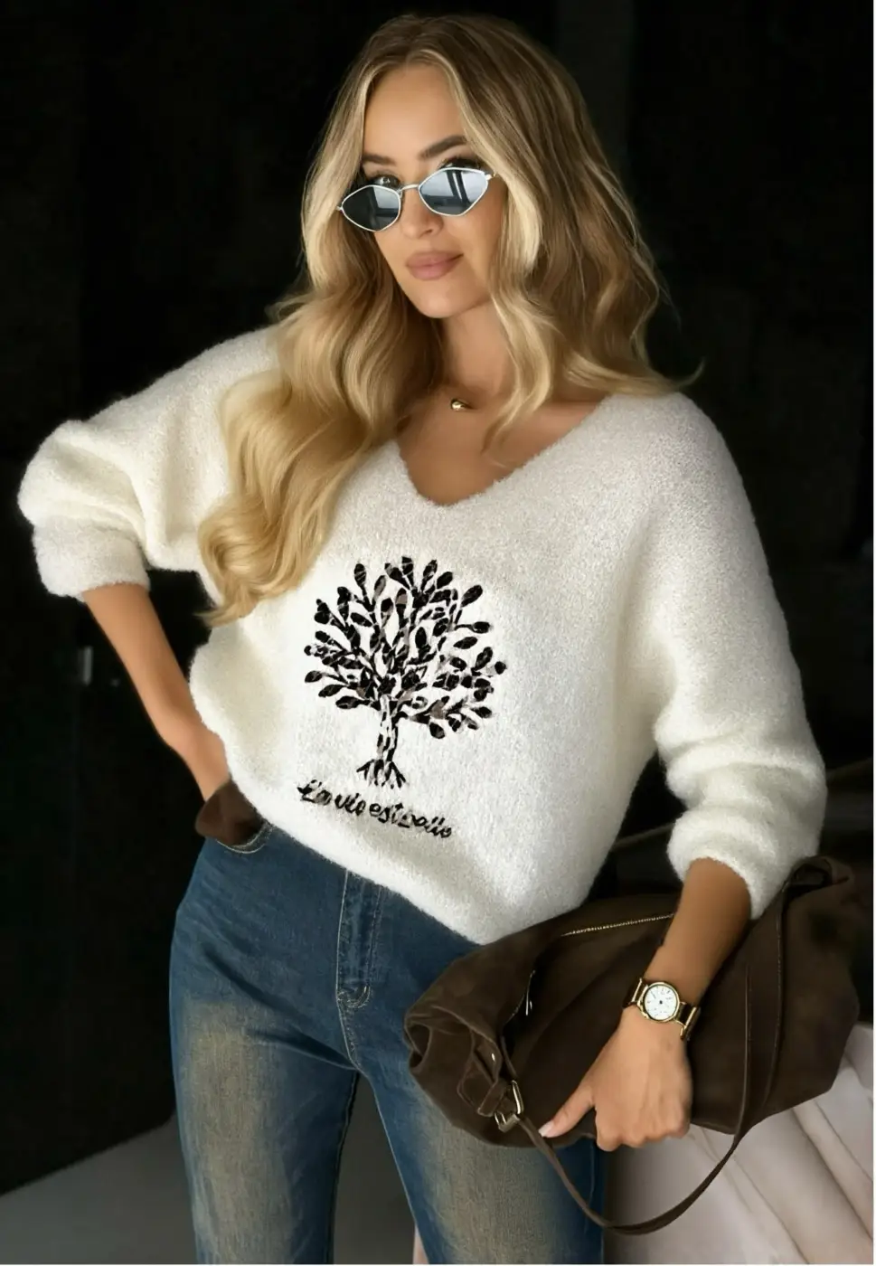 Pull Col V teddy avec Imprimer Abre En Léopard 
La Vie Est Belle  | Vintage Mode