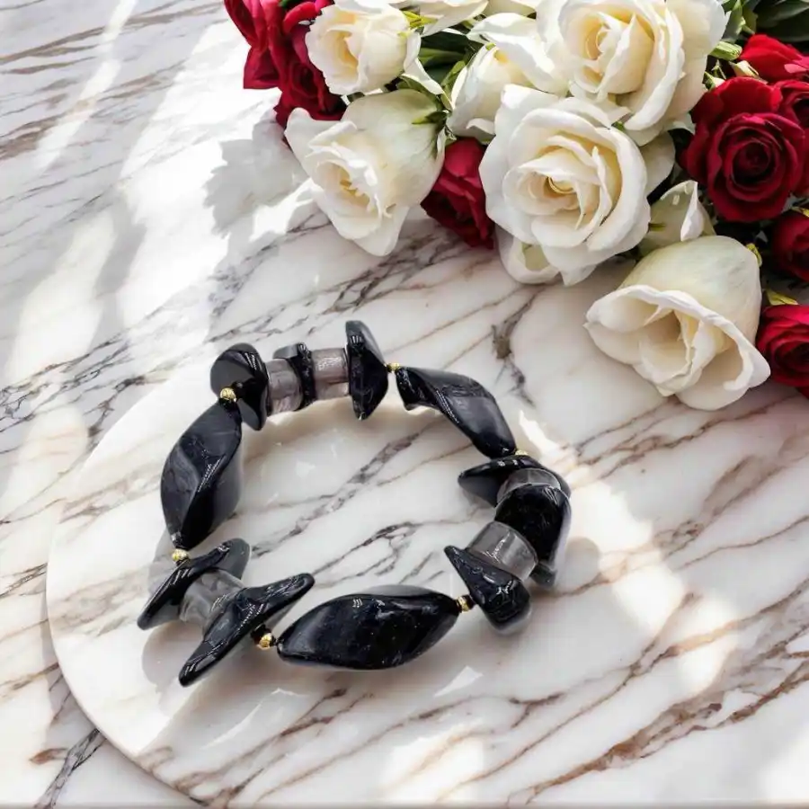 BRACELET ÉLASTIQUE EN ACRYLIQUE ET PERLES EN ACIER INOXYDABLE  | Bijoux fantaisie en acier inoxydable