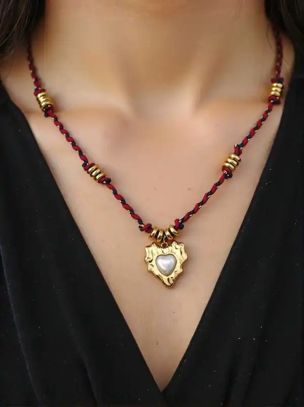 COLLIER CORDON ORNE DE PERLES ET PENDENTIF EN ACIER INOXYDABLE  | Bijoux fantaisie 