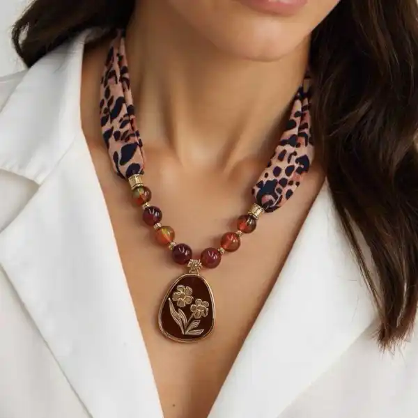 COLLIER  LÉOPARD EN ACIER INOXYDABLE AVEC PERLES EN RÉSINE | Bijoux fantaisie 