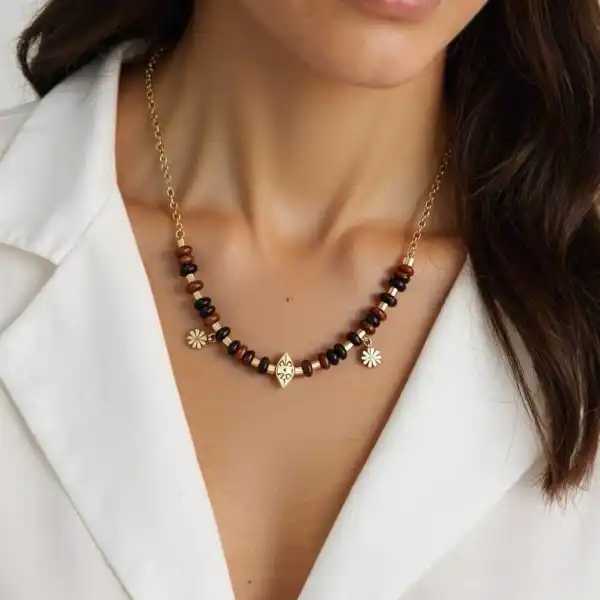 COLLIER EN ACIER INOXYDABLE ORNE DE PIERRES NATURELLES | Bijoux fantaisie 