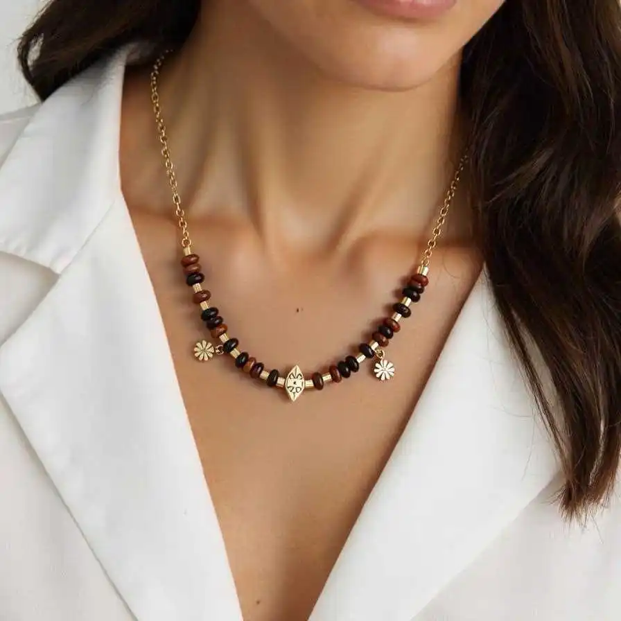 COLLIER EN ACIER INOXYDABLE ORNE DE PIERRES NATURELLES | Bijoux fantaisie 