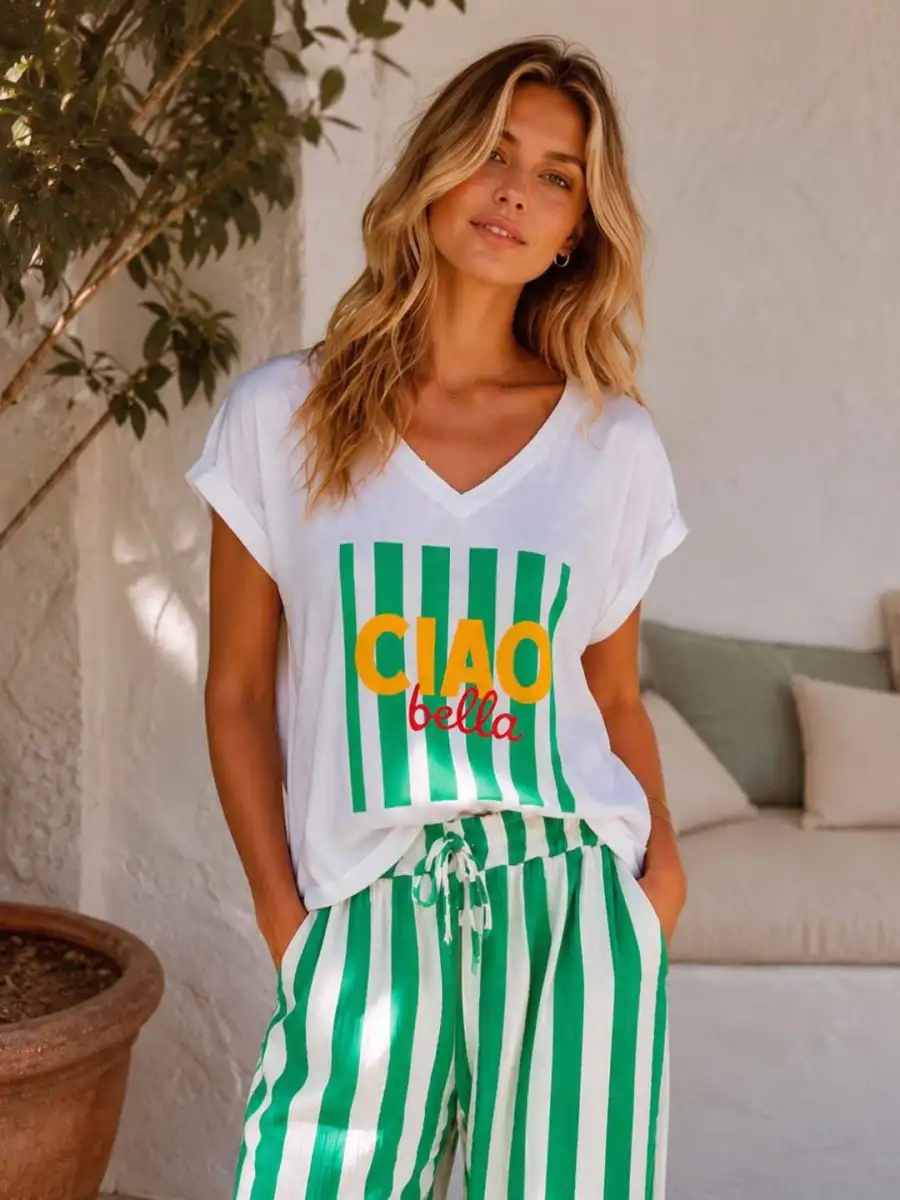T-shirt col V avec imprimé CIAO BELLA | Chez Florem