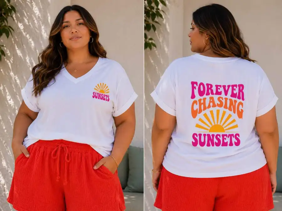  T-Shirt col V avec imprimé SUNSETS en grande taille  | Chez Florem