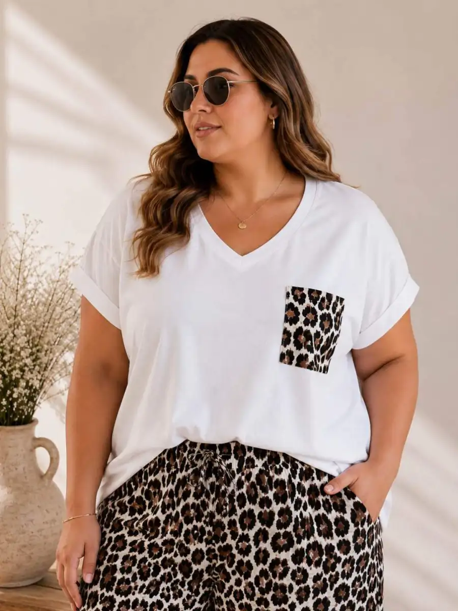 T-shirt Col V avec une poche léopard en grande taille  | Chez Florem
